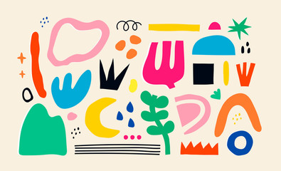 Wall Mural - big set of hand drawn various colorful shapes and doodle objects. abstract contemporary modern trend