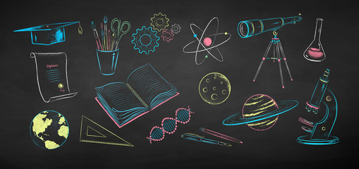 Wall Mural - chalk drawn illustration set of science objects