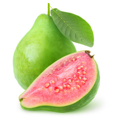 Fototapete - Isolated cut guava fruits. Green pink fleshed guava isolated on white background with clipping path