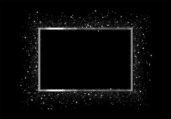 Wall Mural - frame with silver glitter by border. realistic holiday decoration. black background. vector illustra