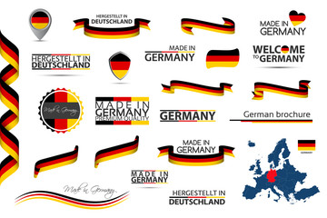 Wall Mural - Big vector set of German ribbons, symbols, icons and flags isolated on a white background, Made in Germany, Welcome to Germany, premium quality, German tricolor