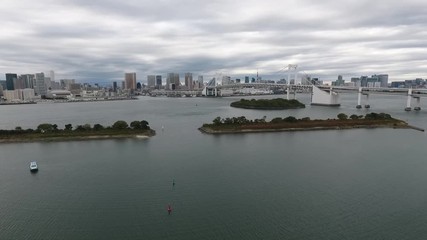 Wall Mural - Tokyo - Fly side of Rainbow bridge with skyline in back  on windy day - Aerial