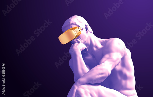 Fotografía Sculpture Thinker With Golden VR Glasses On Purple Background