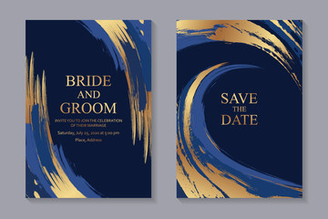 Poster - Set of modern grunge luxury wedding invitation design or card templates for business or poster or greeting with golden paint brush strokes and waves on a navy blue background.