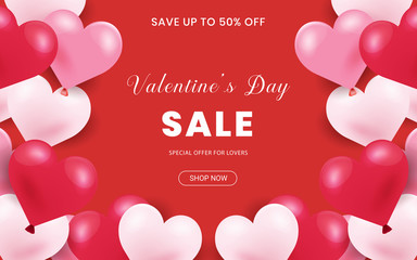 Happy Valentine's Day, 50% Sale banner. Holiday background with border frame made of realistic heart shaped red, pink and white balloons. Horizontal poster, flyer, greeting card, header for website.