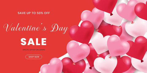 Happy Valentine's Day, 50% Sale banner. Holiday background with border frame made of realistic heart shaped red, pink and white balloons. Horizontal poster, flyer, greeting card, header for website.