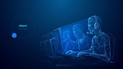 Aufkleber - Cybersport low poly wireframe banner vector template. Esports competition, online game championship poster polygonal design with text space. Professional gamers team 3d mesh art with connected dots