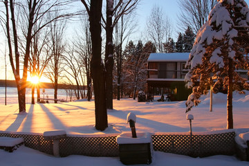 beautiful snowy winter rural landscape. scenic view with covered by fresh snow backyard of private h