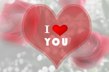 Text Symbol I Love You On Heart With Red Roses Bokeh Background. Image For Engagement, Wedding, Romance, Valentines Day Or Love Day