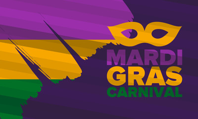 Mardi Gras Carnival in New Orleans. Fat Tuesday. Traditional holiday, celebration annual. Folk festival, costume masquerade, fun party. Carnival mask. Poster, card, banner and background. Vector illus