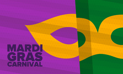 Mardi Gras Carnival in New Orleans. Fat Tuesday. Traditional holiday, celebration annual. Folk festival, costume masquerade, fun party. Carnival mask. Poster, card, banner and background. Vector illus