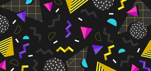 Wall Mural - background in the style of the 80s with multicolored geometric shapes on the black background. illus