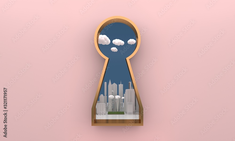 Keyhole Window The golden keyhole window overlooks the future city on pastel pink ...