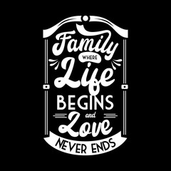 Wall Mural - Family where life begins and love never ends. Typography lettering quotes. T-shirt design and poster. Inspirational and motivational words Ready to print. Symbol Vector illustration.