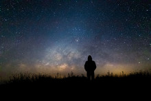 Silhouette Man Looking Milky Way In Summer Night Sky