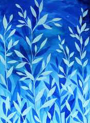 watercolor classic blue pattern with leaves creative background