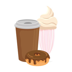 Canvas Print - delicious coffee in plastic container with donut and milkshake vector illustration design