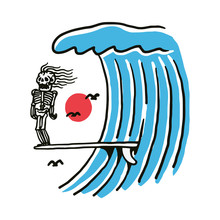 Skeleton Summer Surf Beach Line Graphic Illustration Vector Art T-shirt Design