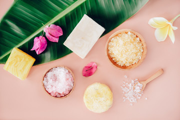 Wall Mural - Flatlay composition with bowls of bath salt, solid shampoo and organic soap on big leaf and pink color background. Spa and Beauty treatment. Zero waste, organic cosmetics concept.