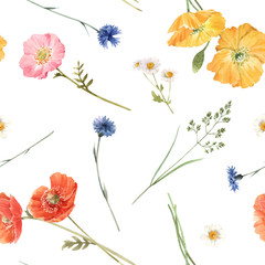 Wall Mural - Beautiful vector floral summer seamless pattern with watercolor hand drawn field wild flowers. Stock illustration.