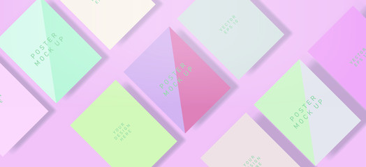 Poster - Flat lay of blank posters in pastel color tones with drop shadows. Realistic mock up template for print production: covers, flyers, banners.