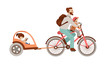 Happy father riding a bicycle with two kids on back Child Bike trailer. Happy family on bicycle, man and kids - vector cartoon illustration, isolated on white background