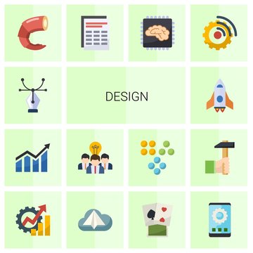 14 design flat icons set isolated on white background. Icons set with Vector, Profit, Collaborative idea, spaceship, shrimp, Sheet, Artificial Intelligence, Streaming software icons.