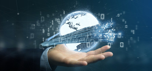 Poster - Businessman holding an Optical fiber connection - 3d rendering