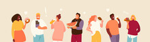 Group Of Happy People Eating Sweets. Body Positive And Enjoyment Of Food Vector Illustration