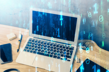 double exposure of desktop computer and technology theme hologram. concept of software development.