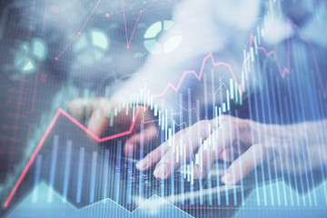 Aufkleber - Forex graph with businessman typing on computer in office on background. Concept of analysis. Double exposure.