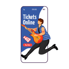 Poster - Buy tickets cartoon smartphone vector app screen. Singer. Vocalist. Musician. Concert, gig. Festival. Mobile phone display with flat character design mockup. Application telephone cute interface