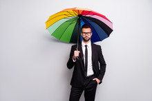 Portrait Of Confident Bearded Cool Entrepreneur Go Walk Work Have Rainy Day Hold Colorful Umbrella Wear Blazer Jacket White Black Necktie Good Look Isolated Over Grey Color Background