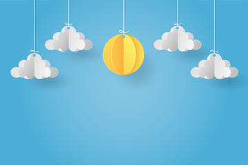 Wall Mural - Paper art of origami mobile paper sun and cloud on blue sky backgrond