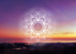 Vector template of banner with spiritual sacred geometry on blurred background with sky and sea, horizontal format; Fantastic mandala and atom; Poster for yoga, meditation, relax.