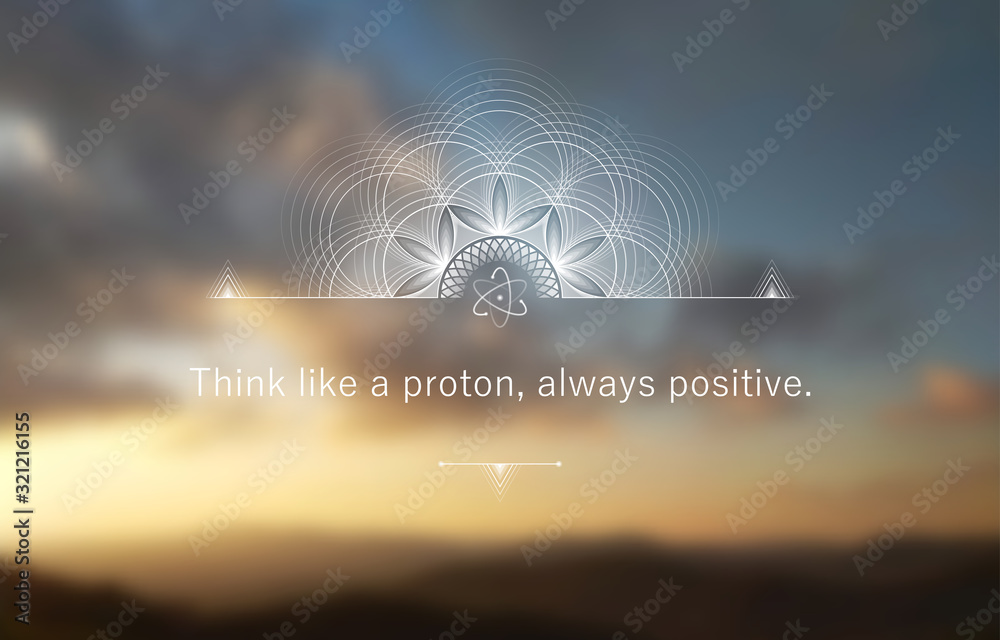 Vector template of banner with inspirational phrase, horizontal format; Spiritual sacred geometry on blur background with sky and mountains; Poster for yoga, meditation, relax and positive thinking. - obrazy, fototapety, plakaty 