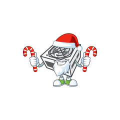 Canvas Print - cartoon mascot style of power supply unit white color in Santa costume with candy