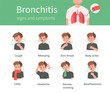 Character have Bronchitis Disease Symptoms. Boy has Fever, Cough and other Respiratory Illness Signs. Virus and Infection. Medical Infographic about Disease. Flat Cartoon Vector Illustration.