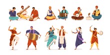 Collection Of Cartoon Indian Street Artists Vector Flat Illustration. Set Of Smiling People Musicians And Dancers Isolated On White Background. Characters In Traditional Dress Playing Instruments
