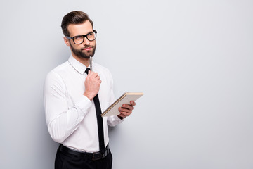 Poster - Photo of handsome business man writing corporate speech creative idea hand on chin look empty space dreamy wear specs office shirt pants tie isolated grey color background