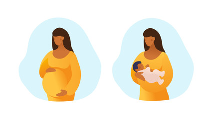 Wall Mural - Set of illustrations about pregnancy and motherhood. Pregnant black woman. Girl with a newborn baby. Simple flat picture isolated on white background.