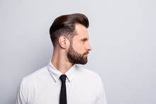 Closeup Profile Photo Of Attractive Handsome Business Man Looking Empty Space Showing Perfect Neat Beard Wear White Office Shirt Tie Isolated Grey Color Background