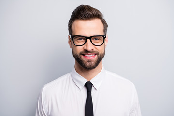 Sticker - Closeup photo of attractive handsome business man employer investor friendly beaming smiling wear specs white office shirt tie isolated grey color background