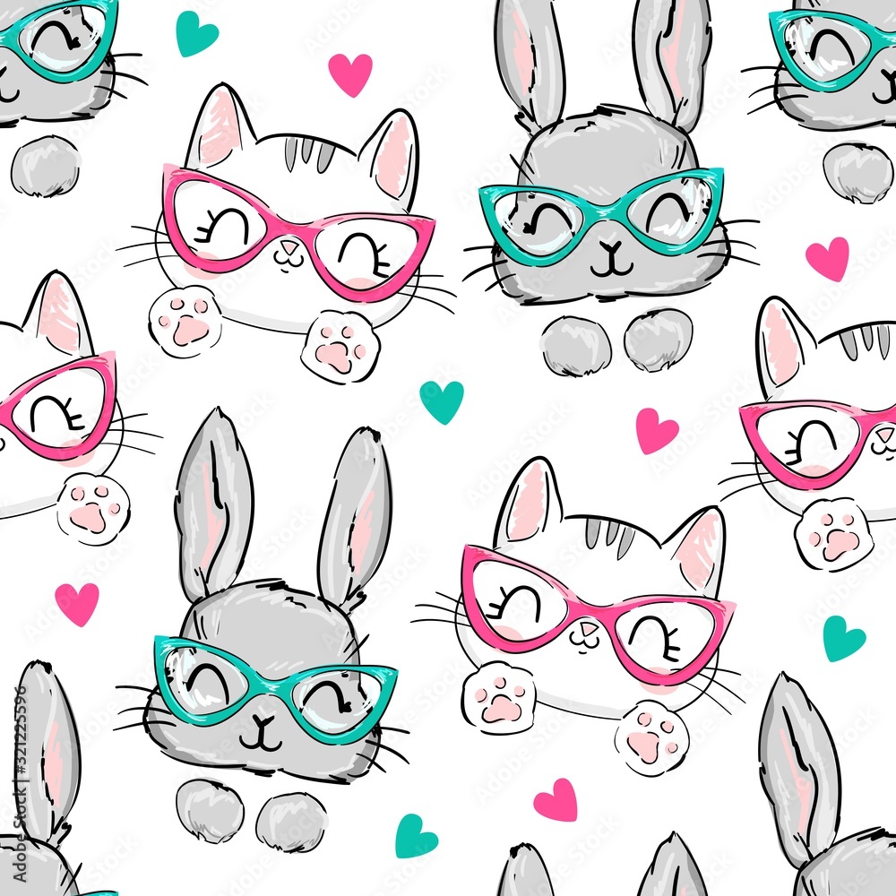 Cat And Rabbit Designs Cats and rabbit with glasses background with hearts. Print design for ...