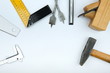 carpentry tools on a white background flat lay with copy space