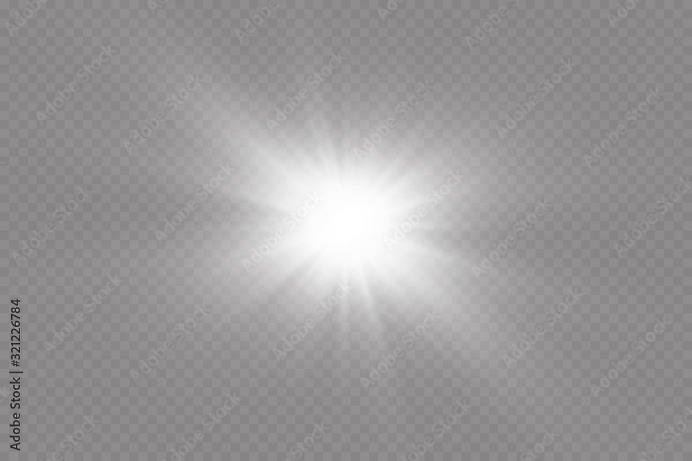 White glowing light explodes on a transparent background. with ray. Transparent shining sun, bright flash. The center of a bright flash - obrazy, fototapety, plakaty 