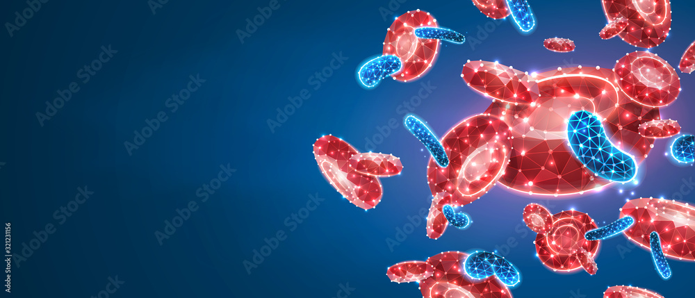 Erythrocytes or red blood cells. Human vascular system, microscopic cells world concept. Abstract polygonal image on blue neon background. Low poly, wireframe, digital 3d vector illustration - obrazy, fototapety, plakaty 