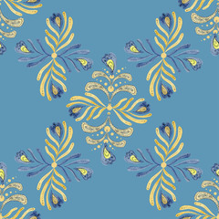 Oriental ornament on a blue background. seamless pattern of yellow leaves on a blue background