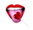 Sexy red lips on a white background, licking a heart shaped lollipop. 3D effect. Vector illustration.