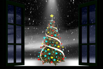 Open window. In front of the window is the Christmas tree. Outside is night and snow with big snowflakes. Winter illustration. Waiting for Christmas.